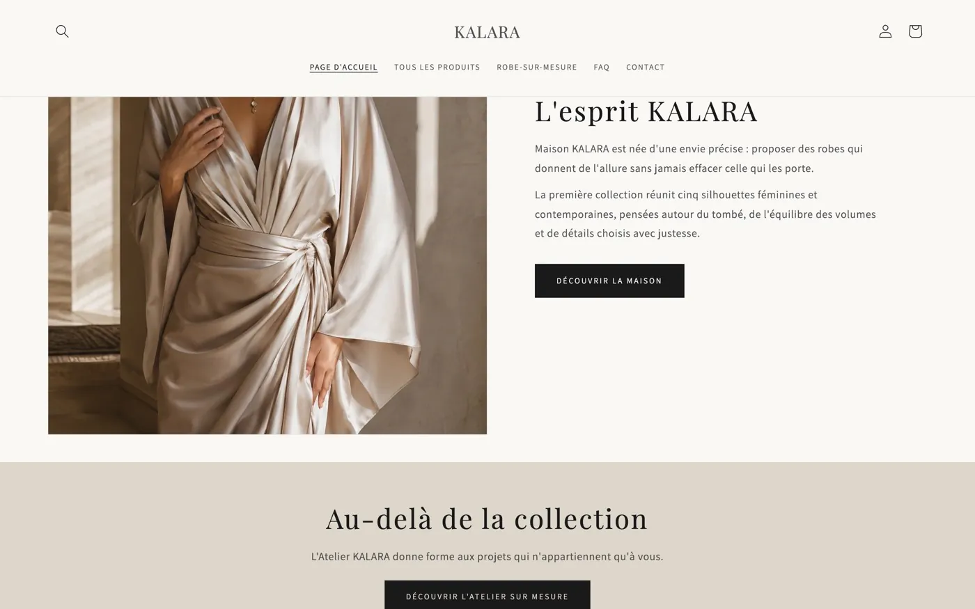 Page éditoriale de la boutique KALARA présentant l’esprit de la maison