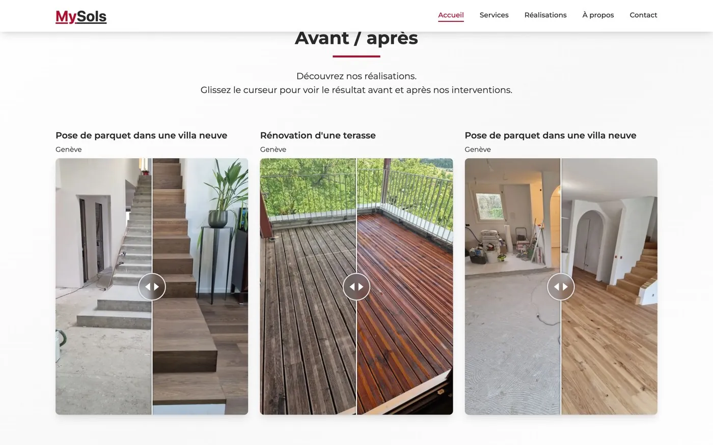 Section avant / après du site MySols, avec comparateur d’images par chantier